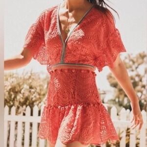 Saylor Plunge Coral Crochet Lace Pom Pom Romper XS V-Neck Flutter Sleeve Romper